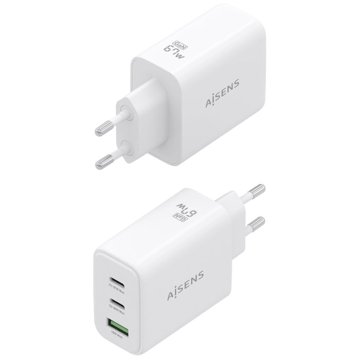 Aisens Cargador de Pared GaN 67W con 2x USB-C y 1x USB-A - Blanco